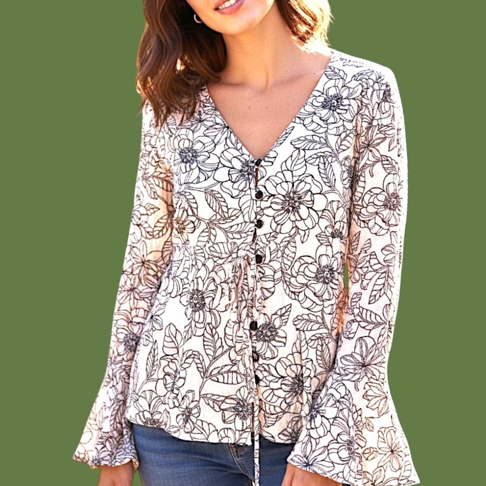 PPLA White Floral Button-Front V-Neck Blouse